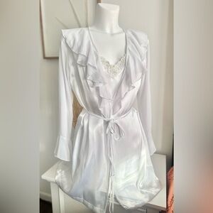 Vintage 80’s white silky satin chiffon ruffle bodysuit lingerie robe set